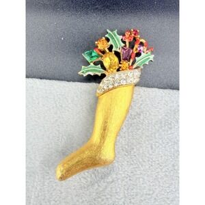 Vintage Weiss Christmas Stocking Brooch Yellow Rhinestone Gold Tone Signed
